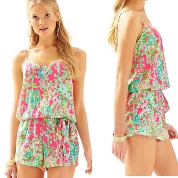 LILLY PULITZER Deanna Romper Flamingo Pink Southern Charm Size XS Preppy Beach - Picture 1 of 8